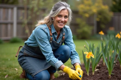 Femme plantant des bulbes d'iris dans un jardin printanier