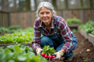 Femme moyenne âge récoltant des radis dans un jardin