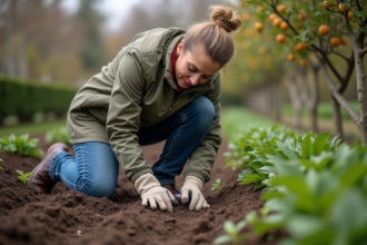 Femme jardinant dans un potager en pleine nature