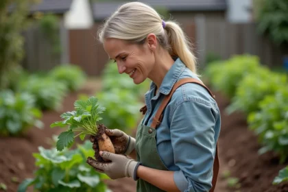 Femme jardinant avec patate douce dans un jardin organisé