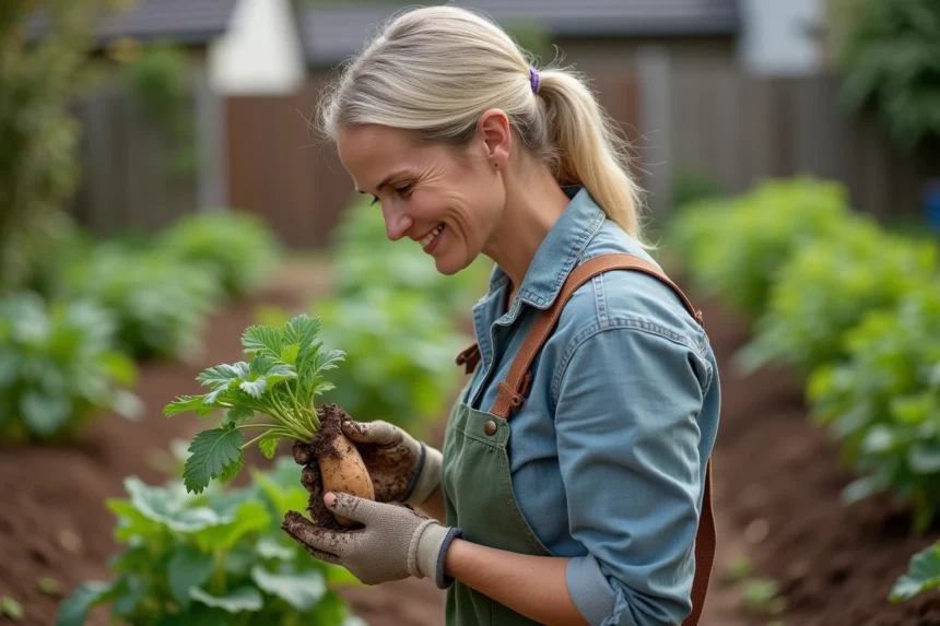 Femme jardinant avec patate douce dans un jardin organisé