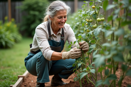 Femme jardinant avec filet sur tomates dans un jardin