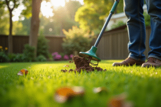 Jardinier utilisant un aérateur manuel sur une pelouse verte ensoleillée