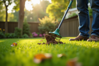 Jardinier utilisant un aérateur manuel sur une pelouse verte ensoleillée