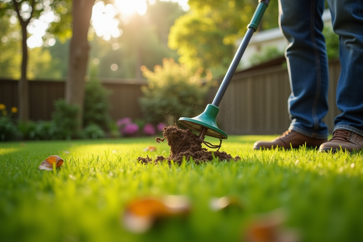 Jardinier utilisant un aérateur manuel sur une pelouse verte ensoleillée