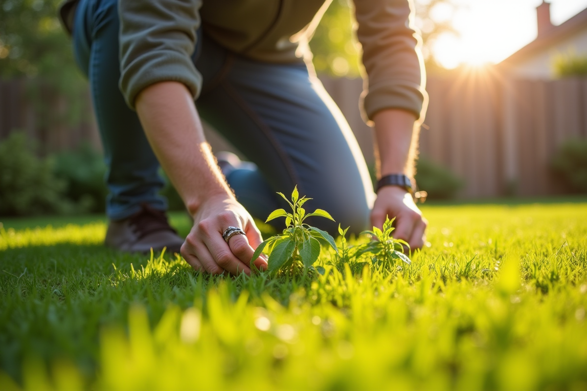 Personne arrachant des mauvaises herbes dans la pelouse en extérieur
