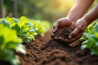 Jardinier étalant compost maison sur sol riche du jardin