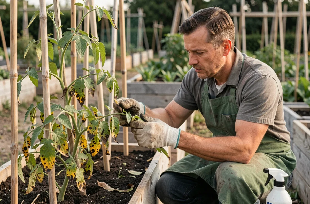 Jardinier en tablier examinant des feuilles de tomates atteintes de taches noires dans un potager surélevé en plein air