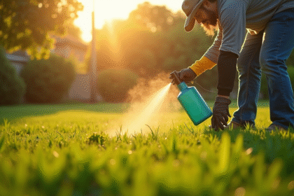 Jardinier portant un chapeau et gants pulvérise un désherbant sur la pelouse ensoleillée