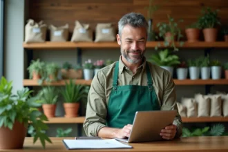 Homme en tablier vert derrière le comptoir d'une jardinerie moderne