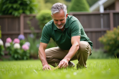 Homme jardinier en plein air mesurant la hauteur de l'herbe