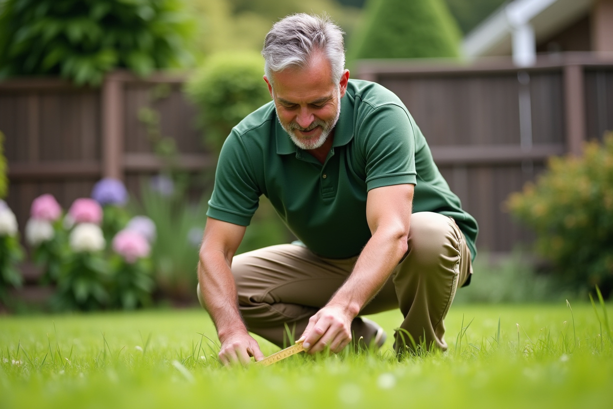 Homme jardinier en plein air mesurant la hauteur de l'herbe