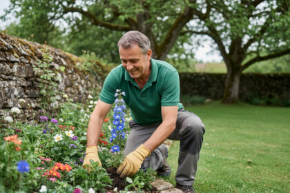 Jardinier en action plantant des perenes colorées dans un jardin normand