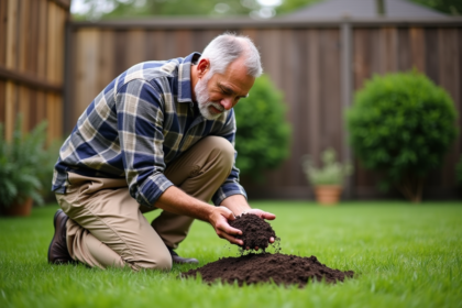 Homme jardinier examinant la terre dans son jardin