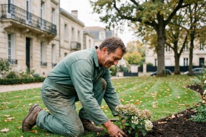 Homme paysagiste souriant en tenue verte plantant des arbustes dans un jardin