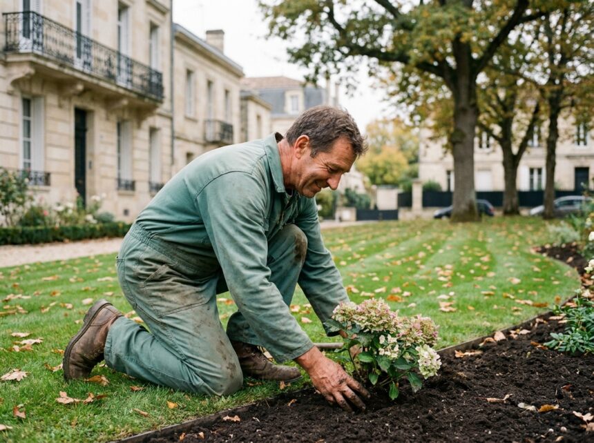 Homme paysagiste souriant en tenue verte plantant des arbustes dans un jardin