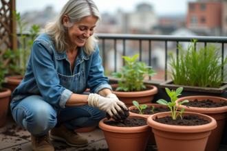 Femme jardiniere en extérieur sur balcon urbain avec pots et semis