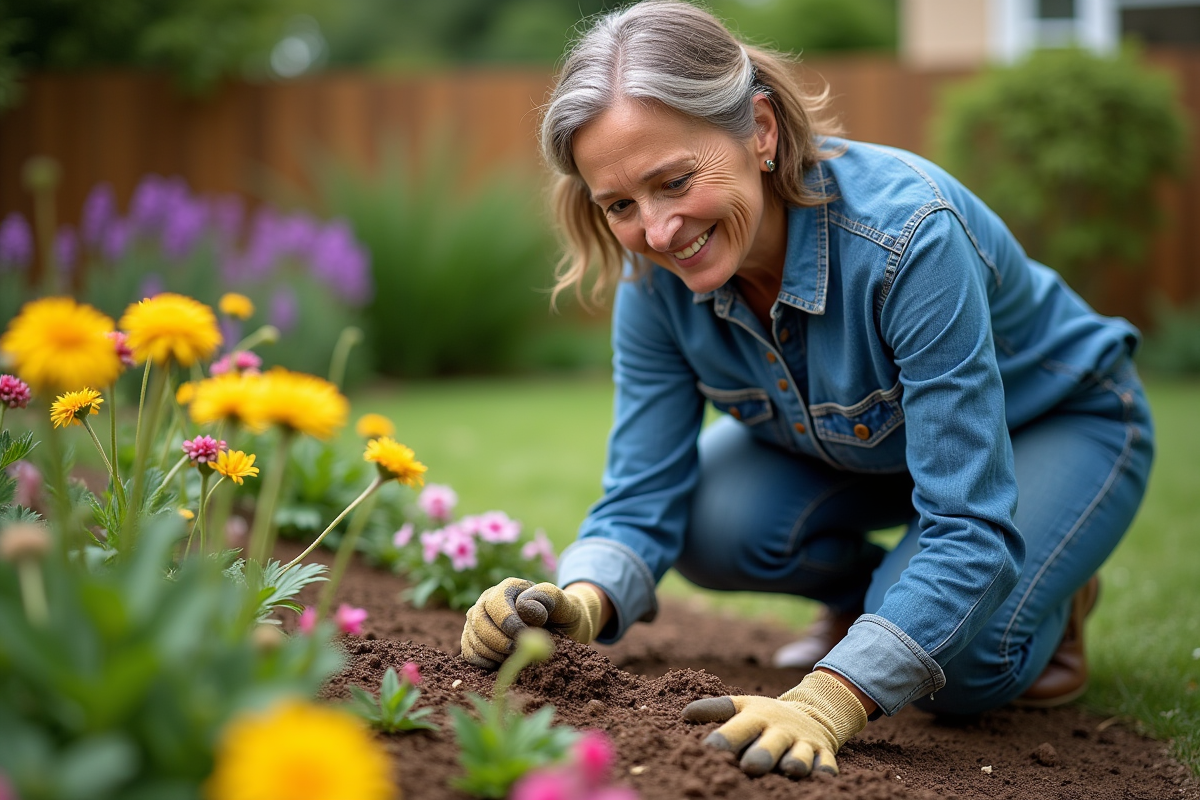 Femme en jardinage appliquant du mulch dans un jardin