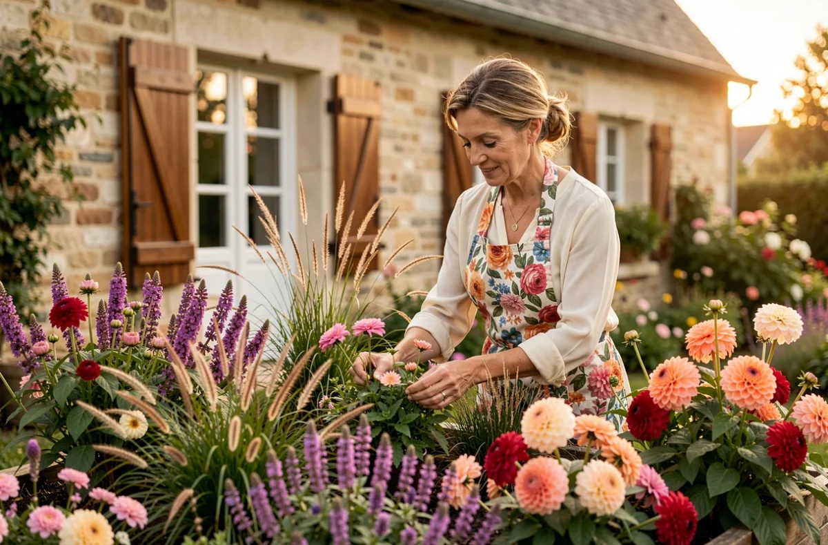 Conceptrice florale des Jardins de Bellevue composant un massif fleuri ornemental dans un jardin résidentiel à Auxerre