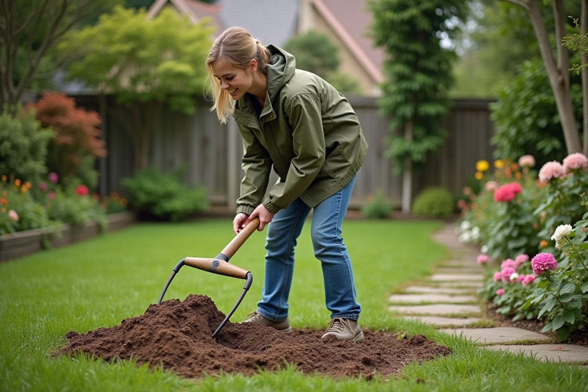Jeune femme en veste kaki et jeans utilisant un râteau dans un jardin fleuri