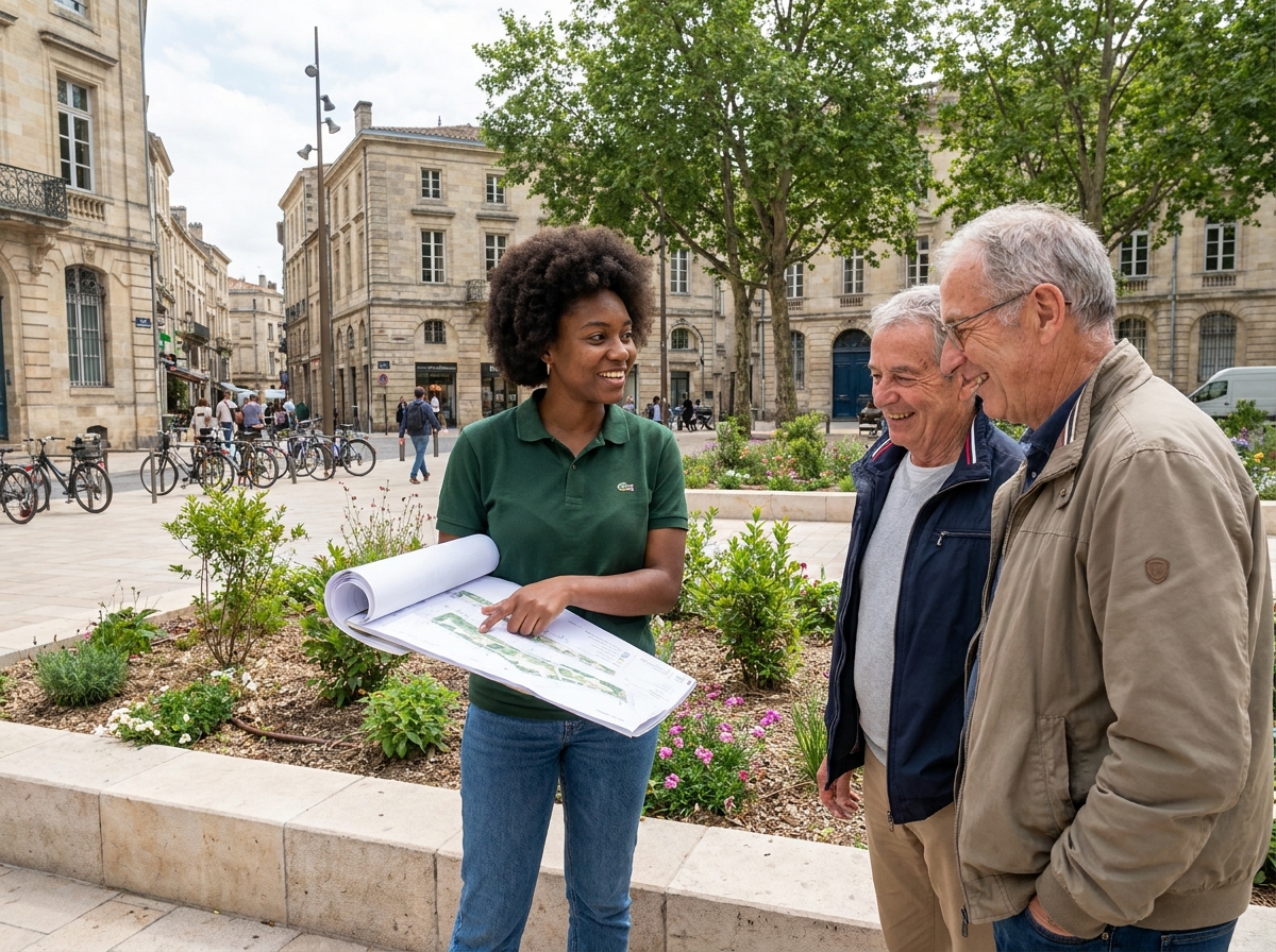 Jeune femme en polo discutant avec un couple dans une place urbaine