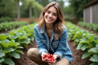 Jeune femme en extérieur cueillant des fraises mûres