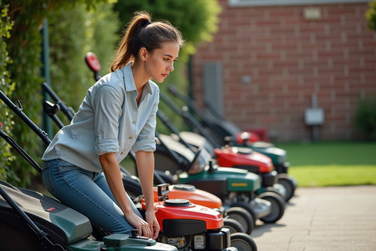 Jeune femme regardant des tondeuses dans un magasin de jardinage