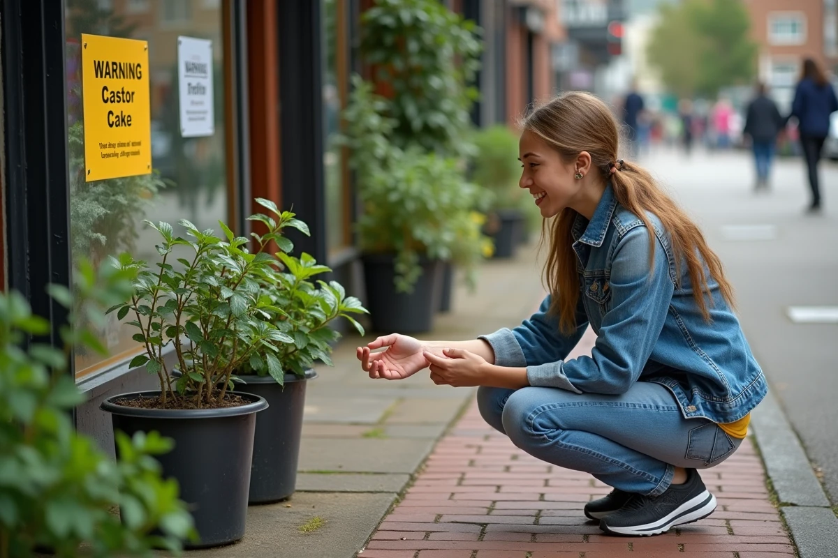 Jeune femme regardant une affiche sur la vitrine d