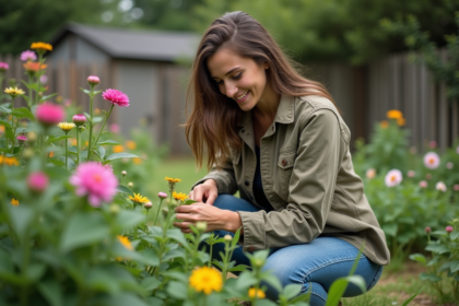 Jeune femme dans le jardin examine des bourgeons de plantes