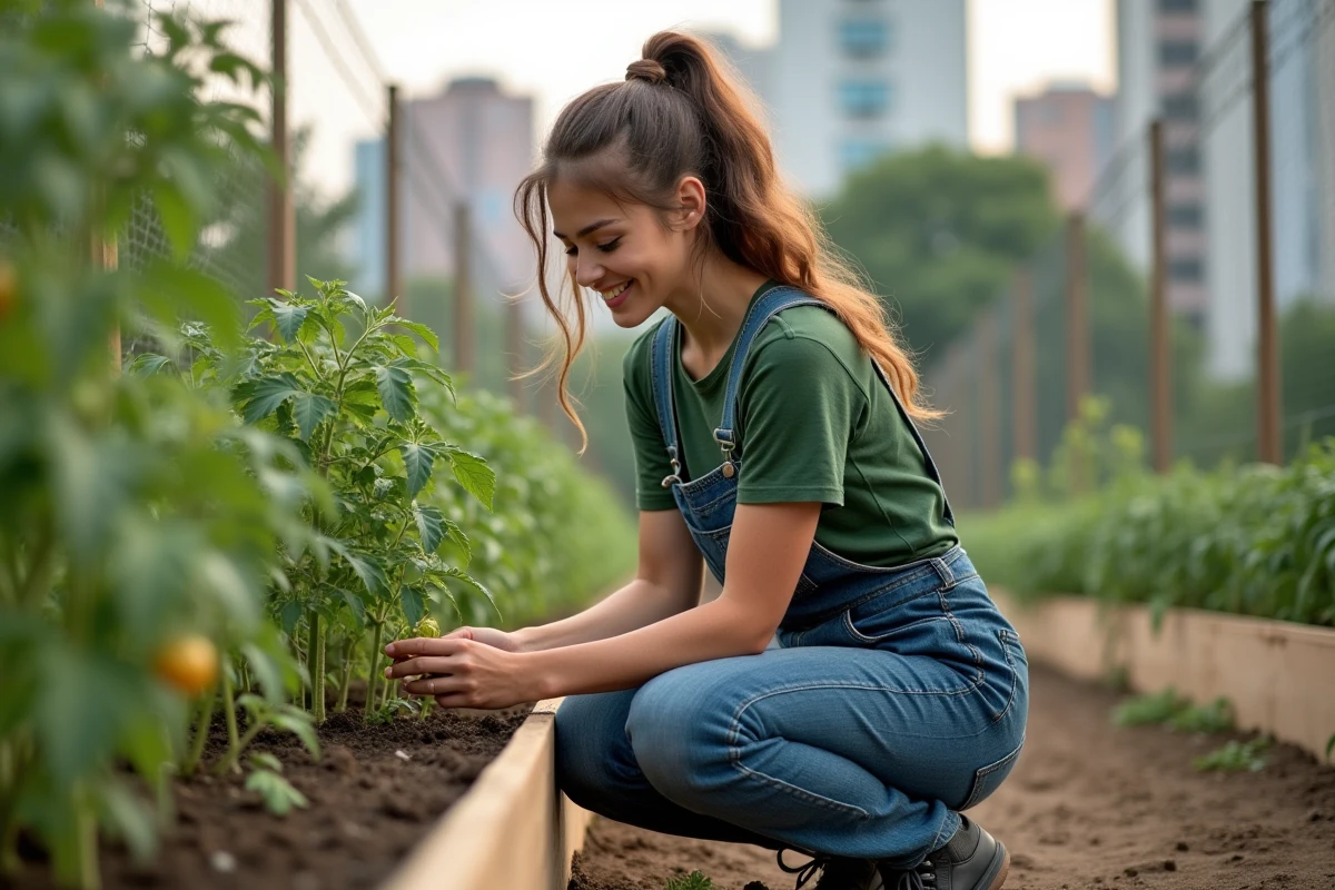 Jeune femme pinçant une pousse de tomate dans un jardin urbain