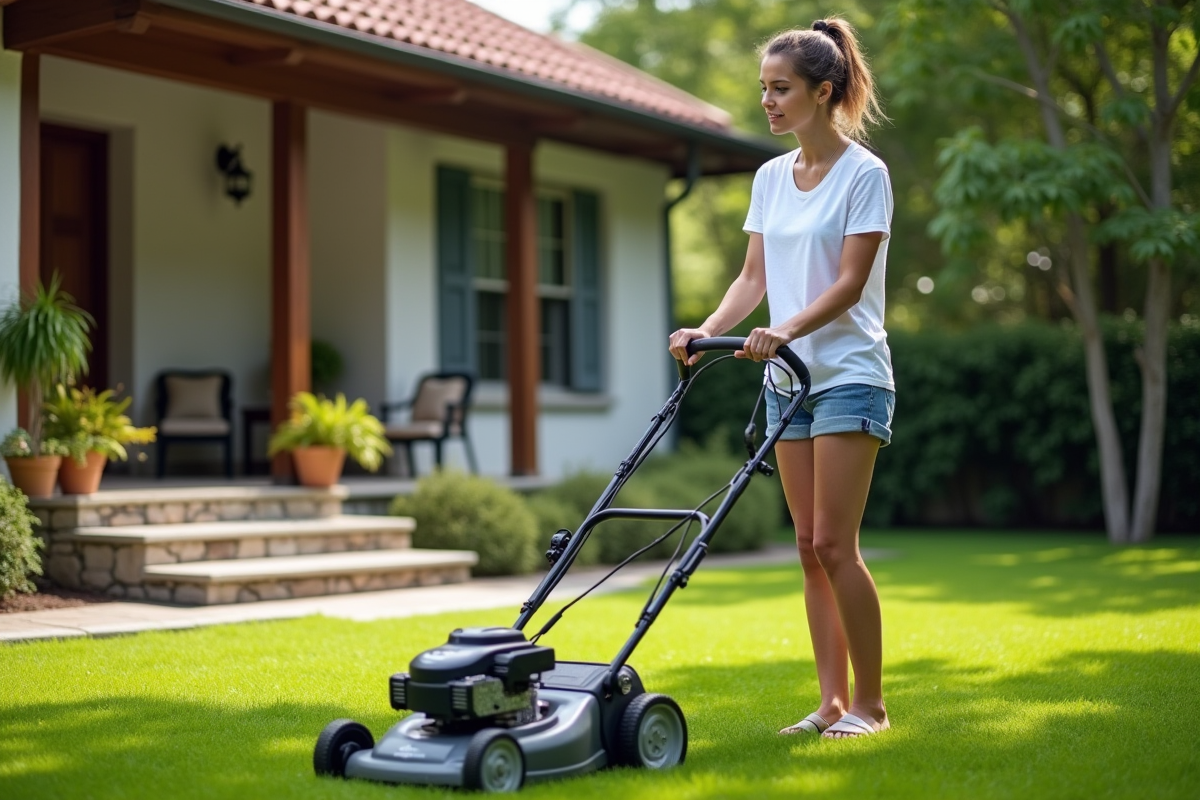 Jeune femme ajustant la hauteur de la tondeuse dans le jardin