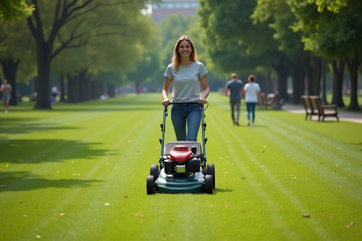 Jeune femme poussant une tondeuse dans un parc