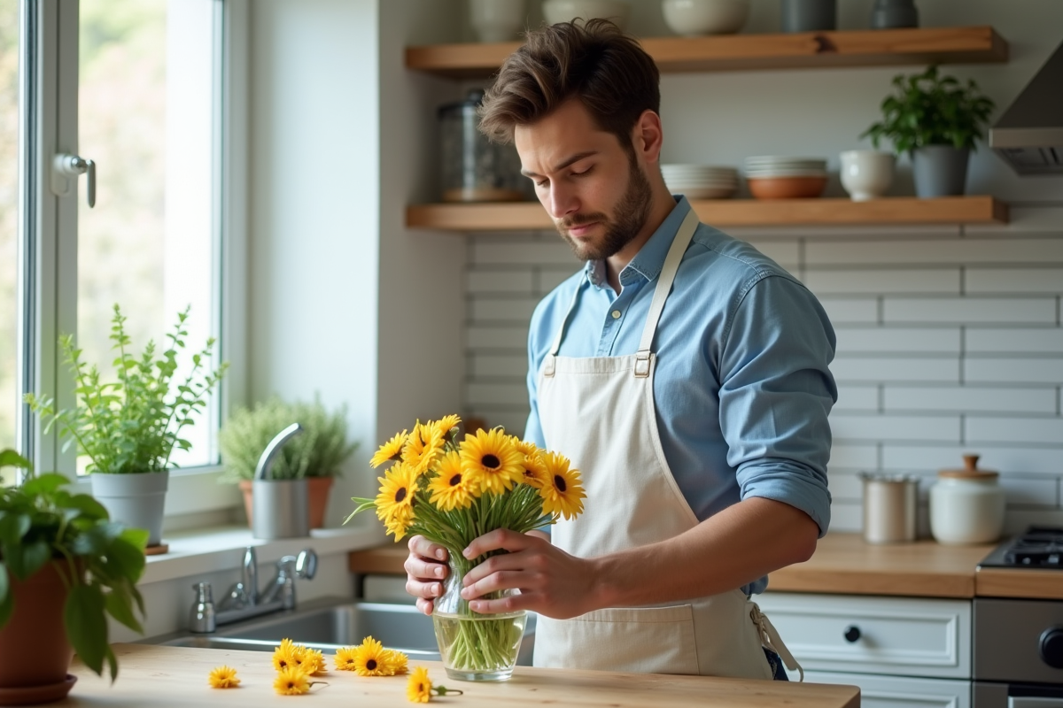 Jeune homme arrangeant des fleurs dans une cuisine lumineuse
