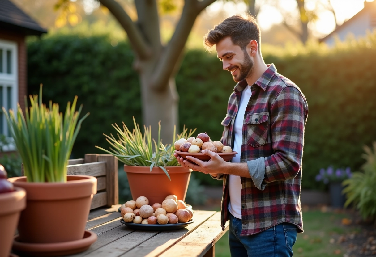 Jeune homme examinant des bulbes d automne dans le jardin