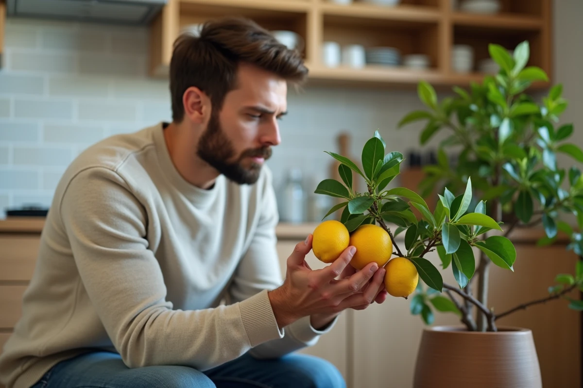 Jeune homme vérifiant des feuilles de citronnier en cuisine