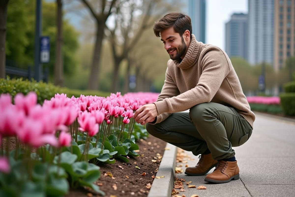 Jeune homme examinant une fleur de cyclamen dans un parc urbain