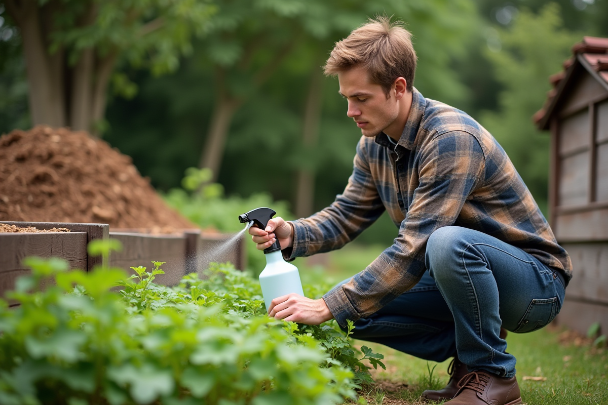 Jeune homme vaporise un repelant naturel contre les epinards