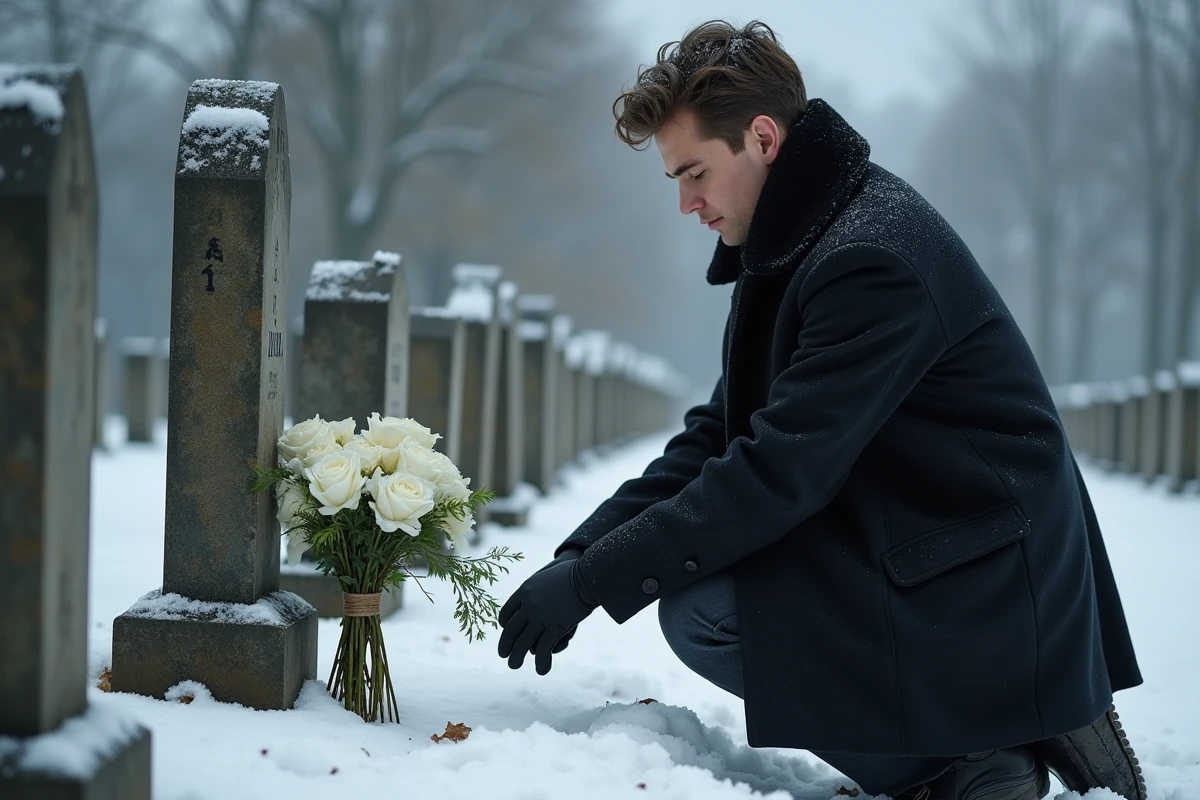 Jeune homme en noir déposant des fleurs blanches sur une tombe