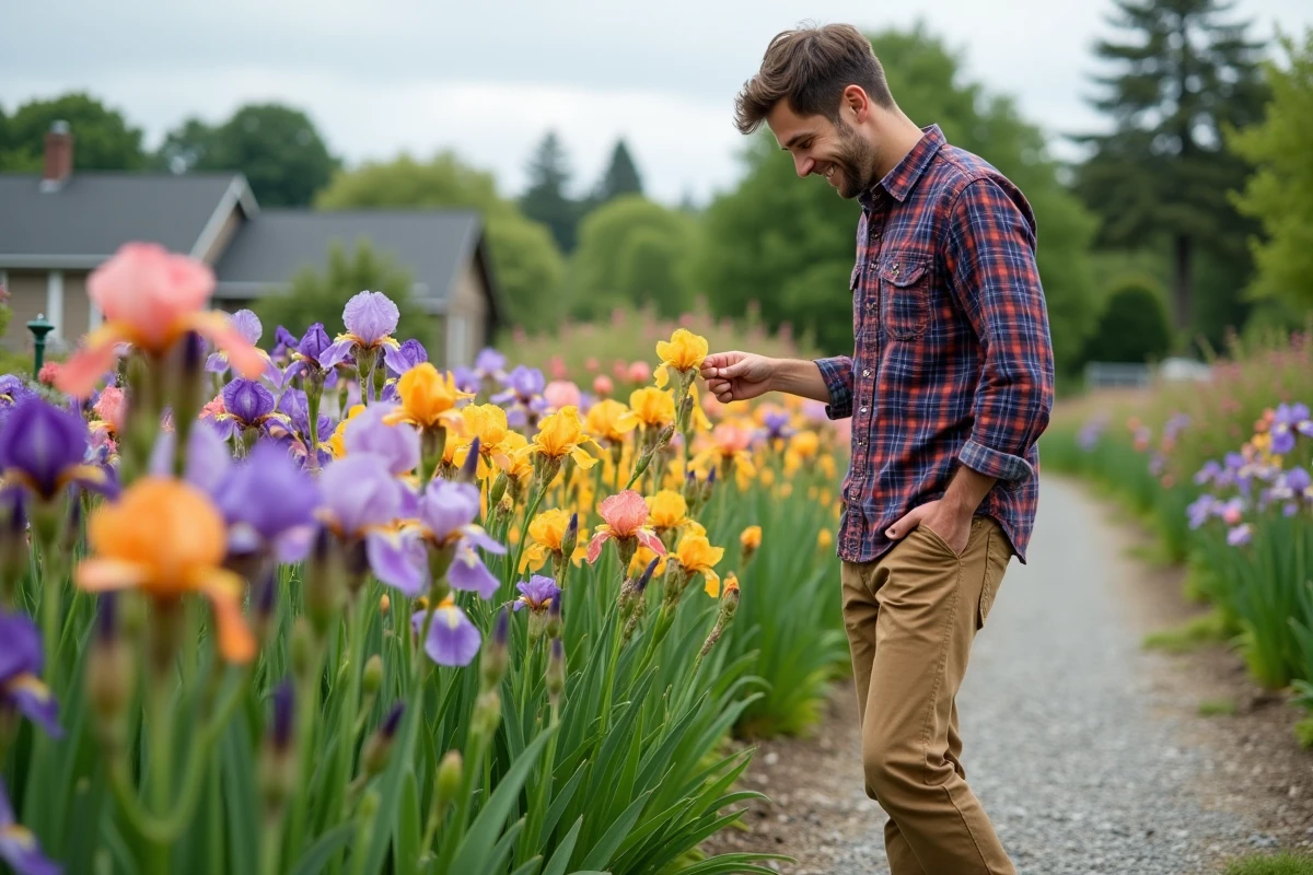 Jeune homme observant des iris en pleine floraison dans un jardin