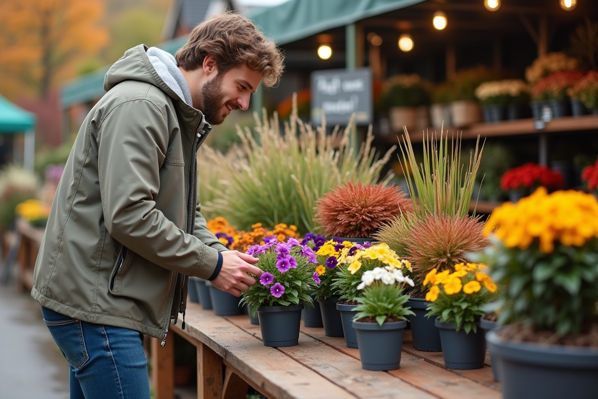 Jeune homme examine des plantes automnales en jardinerie