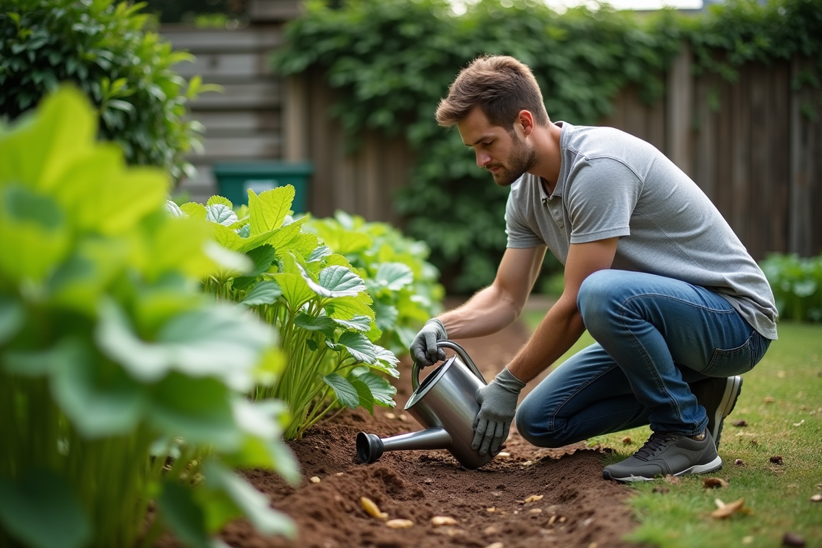 Jeune homme arrosant ses légumes dans un jardin intérieur