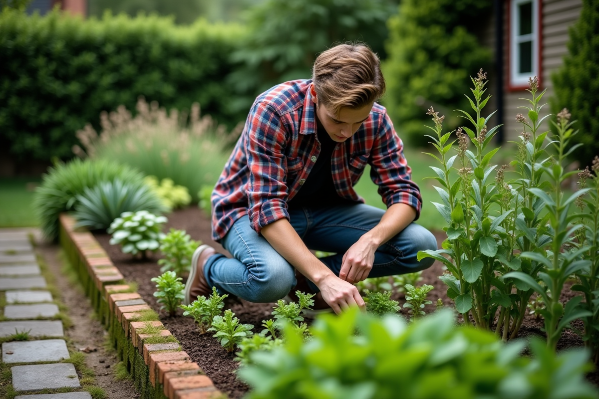Jeune homme étiquetant des plantes d