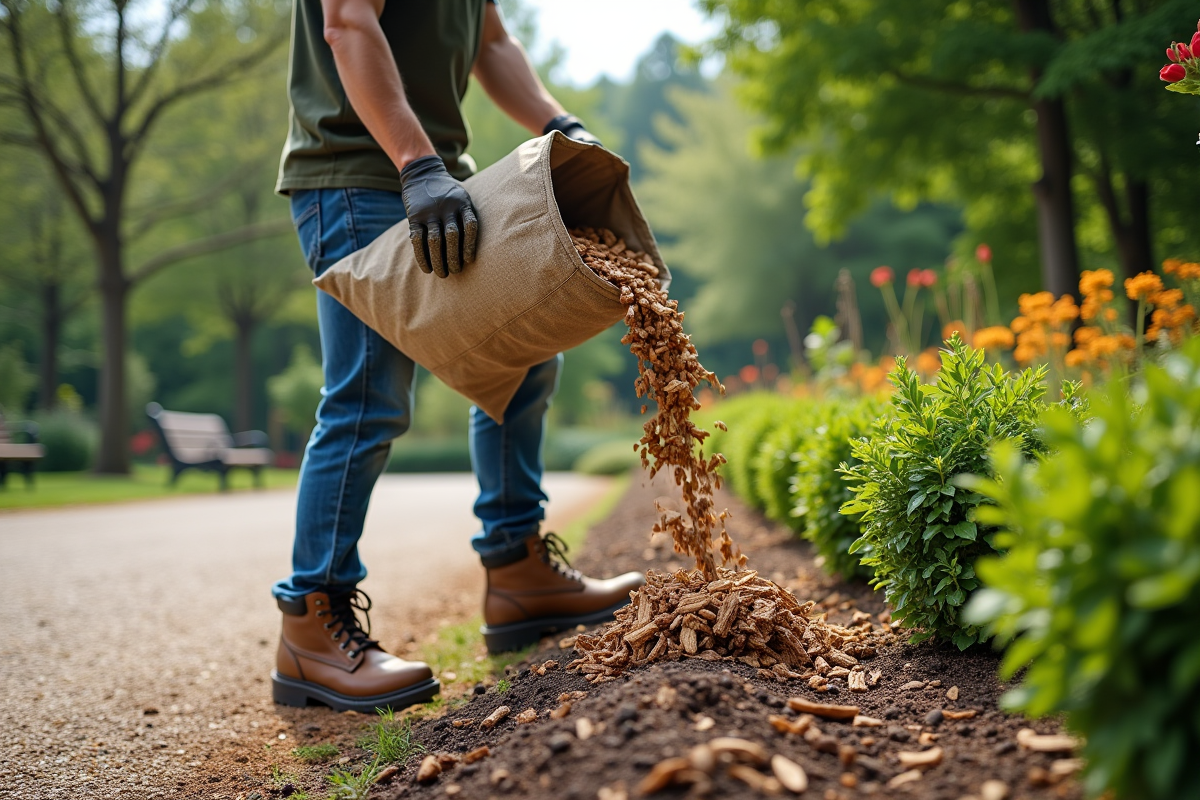 Jeune homme versant du mulch autour de plantes