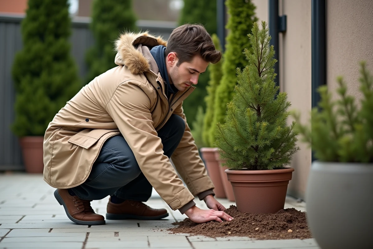 Jeune homme en parka plantant une waxflower en pot