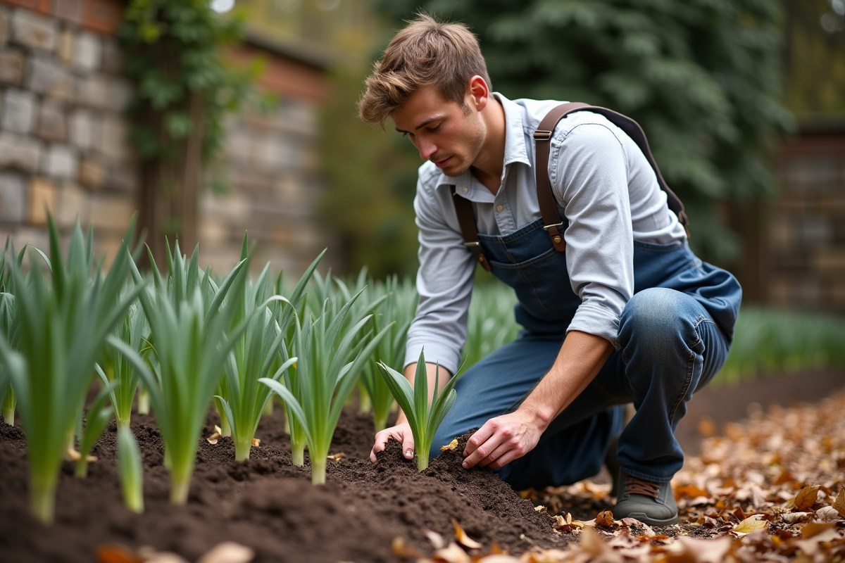 Jeune homme plantant des hyacinthes dans un jardin automnal