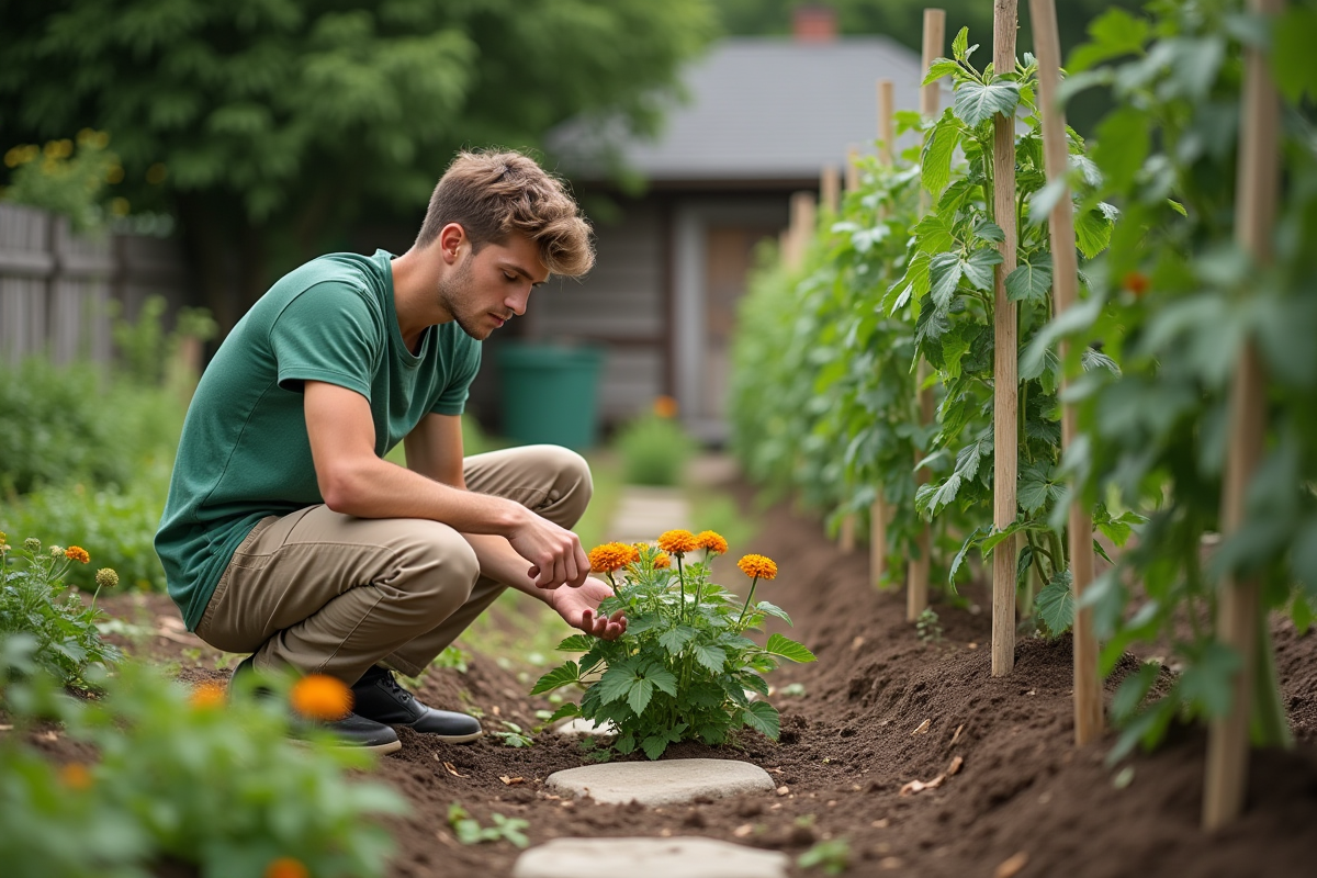 Jeune homme examinant des tomates et soucis dans le jardin