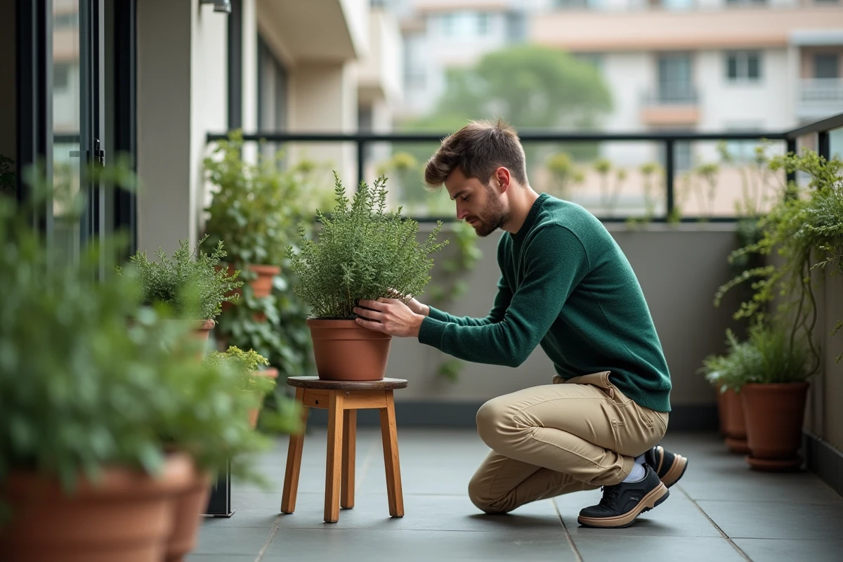 Jeune homme inspecte et coupe des fleurs de sage en pot