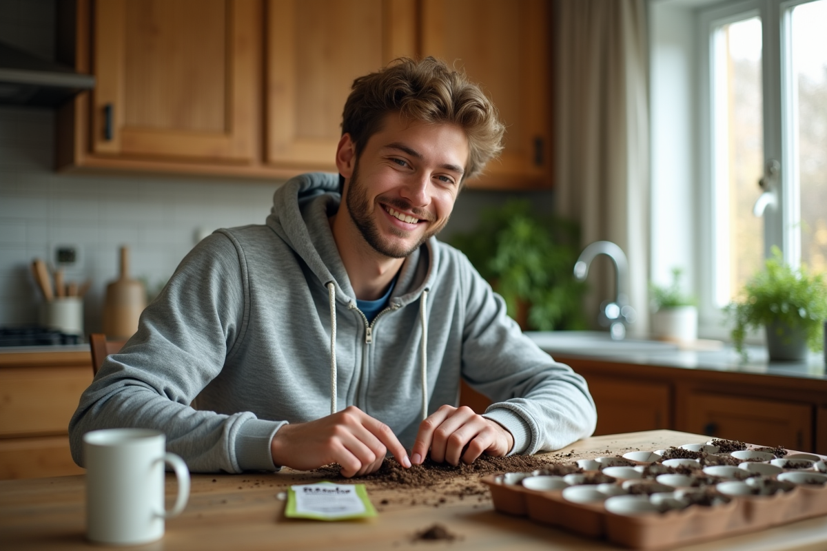 Jeune homme plantant des graines dans des pots à la maison