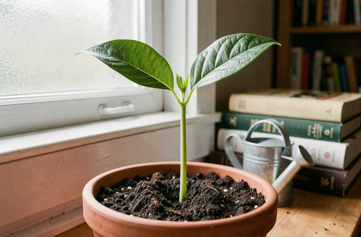 Jeune plant d'avocat avec ses premières feuilles vertes poussant dans un pot en terre cuite posé sur un rebord de fenêtre d'appartement