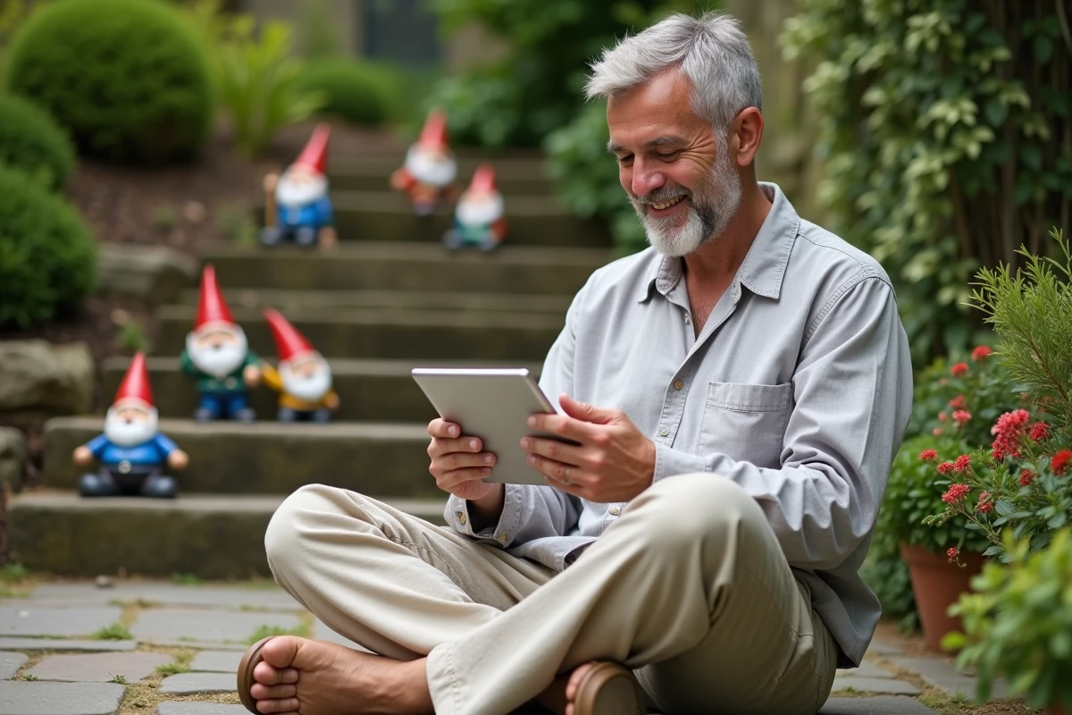 Personne jouant à des jeux de nain de jardin gratuits sur une tablette dans un jardin décoré de figurines